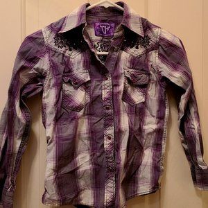 COWGIRL HARDWARE EMBROIDERED PURPLE PLAID FLANNEL BUTTON UP SHIRT GIRLS MEDIUM